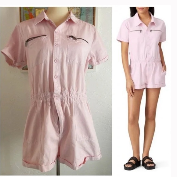 Blank NYC Light Pink Mastermind Utility Roll Hem Button Down Romper NWT Size L - Picture 4 of 16